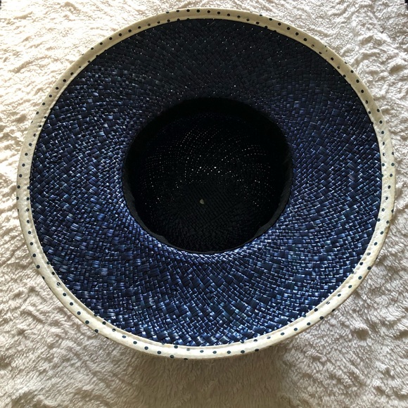 Navy Blue & white/cream polka dot Straw hat - Picture 3 of 5